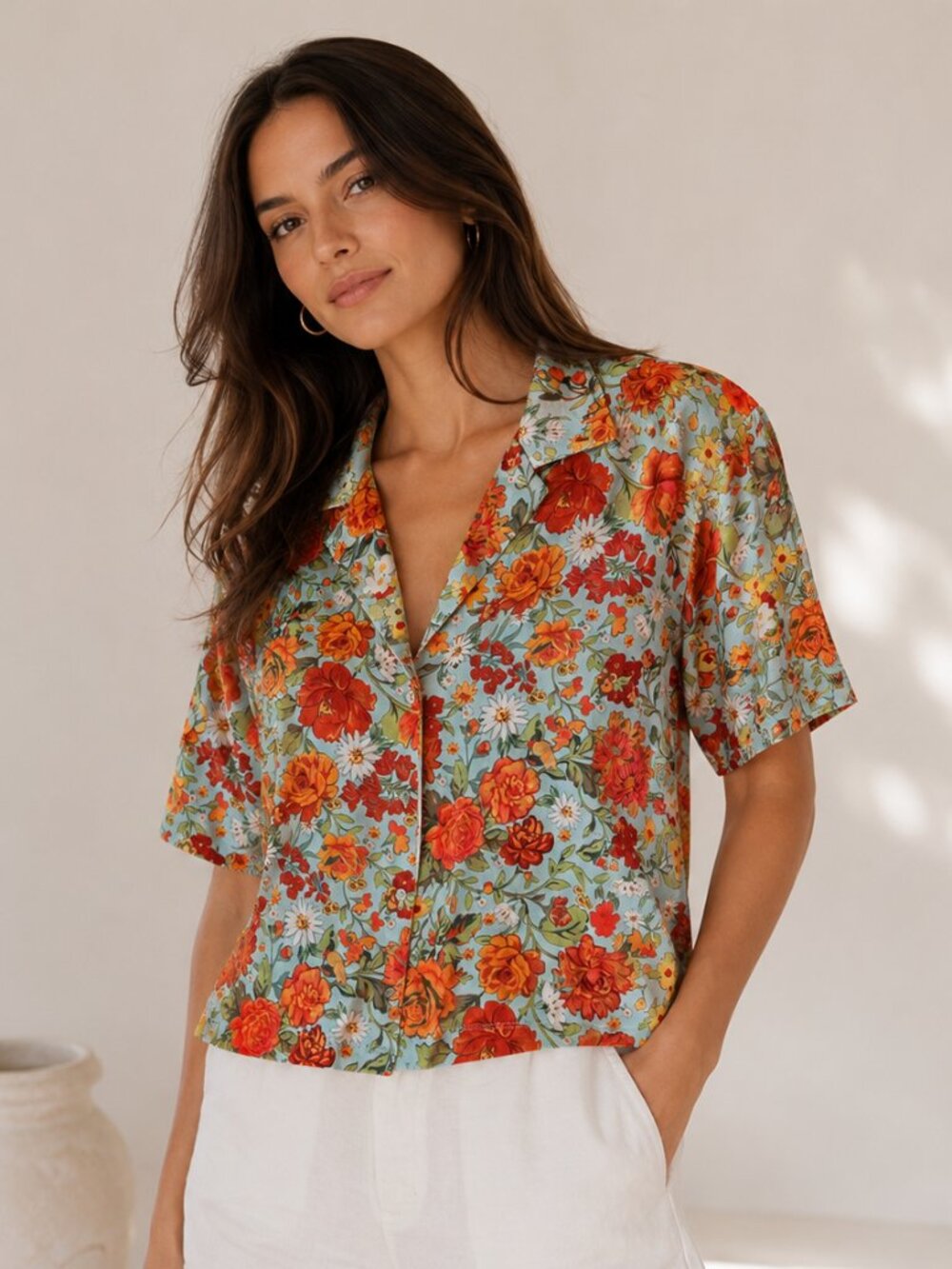 SALE!! Zara Orange Floral Short Sleeve Button Down Top Size M Cottagecore Boho